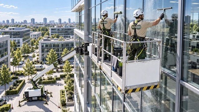 Zwei Mitarbeiter reinigen eine Glasfassade von einer Hubarbeitsbühne